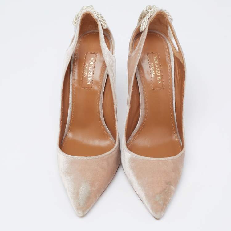 Pre Owned Aquazzura Beige Velvet Tassel Tie Marilyn Pumps Size 37   