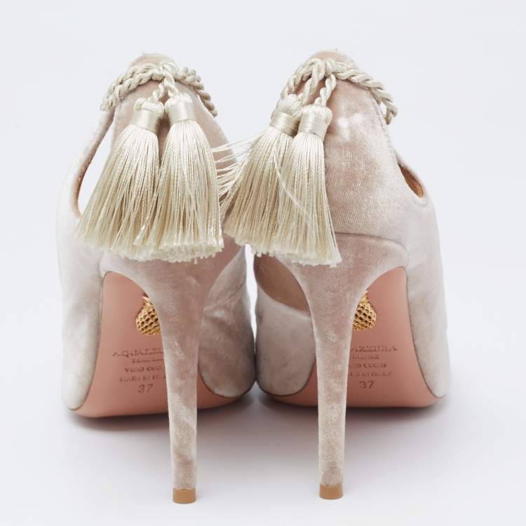 Pre Owned Aquazzura Beige Velvet Tassel Tie Marilyn Pumps Size 37   