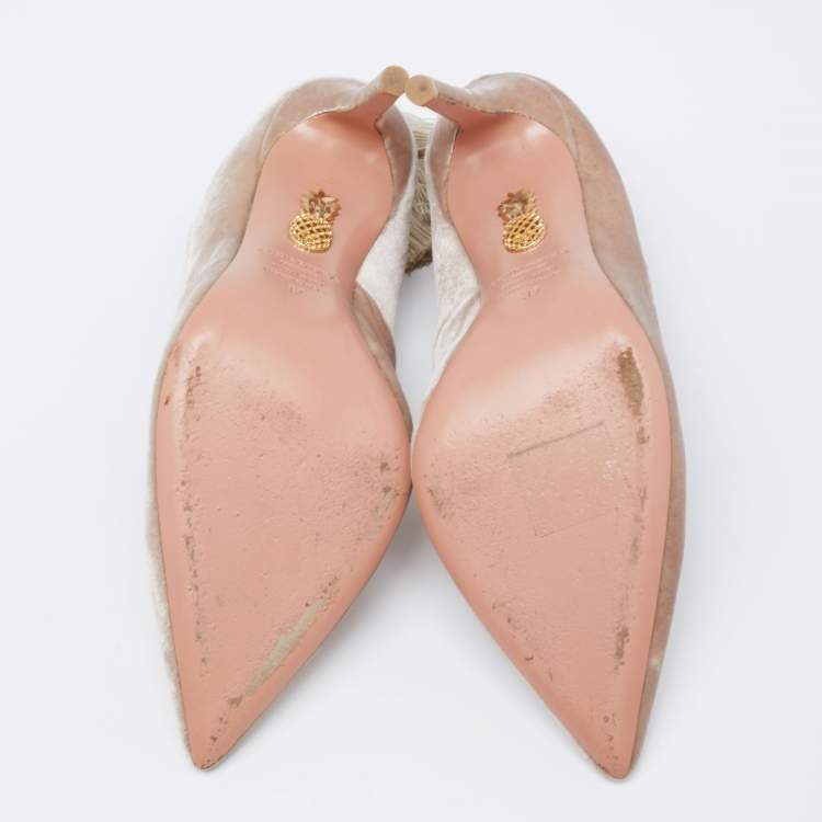 Pre Owned Aquazzura Beige Velvet Tassel Tie Marilyn Pumps Size 37   