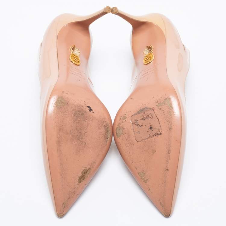 Pre Owned Aquazzura Nude Pink Patent Leather Cut-Out Pointed-Toe Pumps Size 37