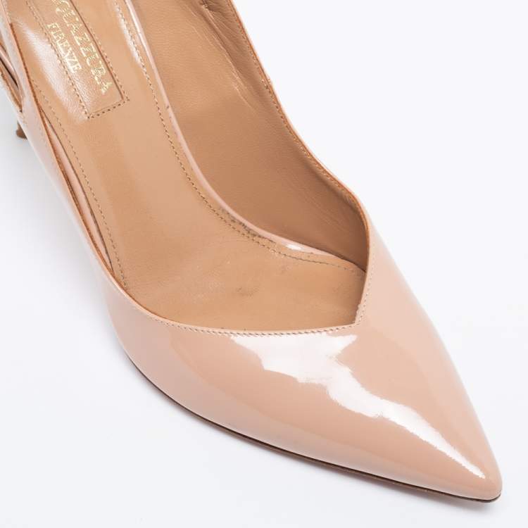 Pre Owned Aquazzura Nude Pink Patent Leather Cut-Out Pointed-Toe Pumps Size 37