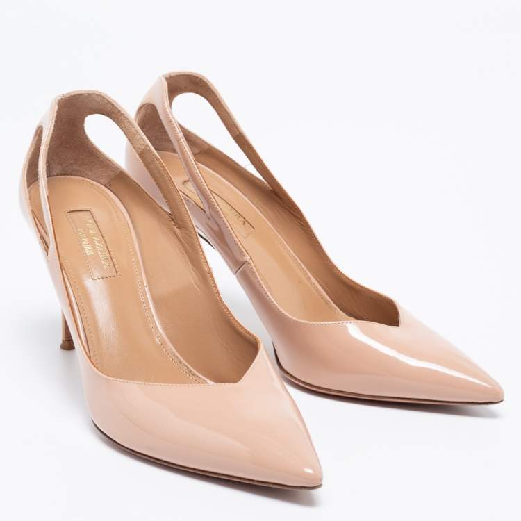 Pre Owned Aquazzura Nude Pink Patent Leather Cut-Out Pointed-Toe Pumps Size 37