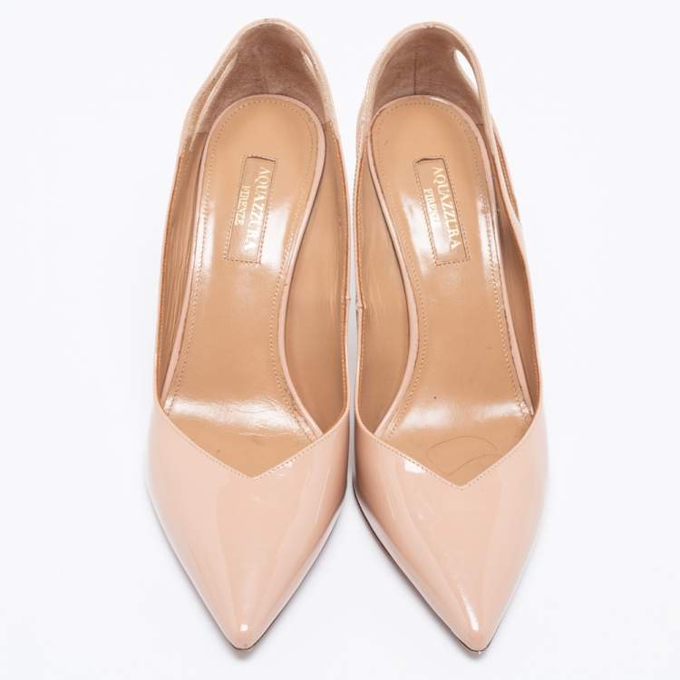 Pre Owned Aquazzura Nude Pink Patent Leather Cut-Out Pointed-Toe Pumps Size 37