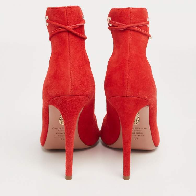 Pre Owned Aquazzura Red Suede Tango Curvy Lace-Up Sandals Size 37