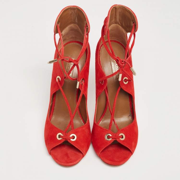 Pre Owned Aquazzura Red Suede Tango Curvy Lace-Up Sandals Size 37