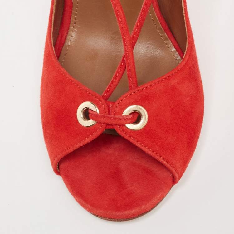 Pre Owned Aquazzura Red Suede Tango Curvy Lace-Up Sandals Size 37