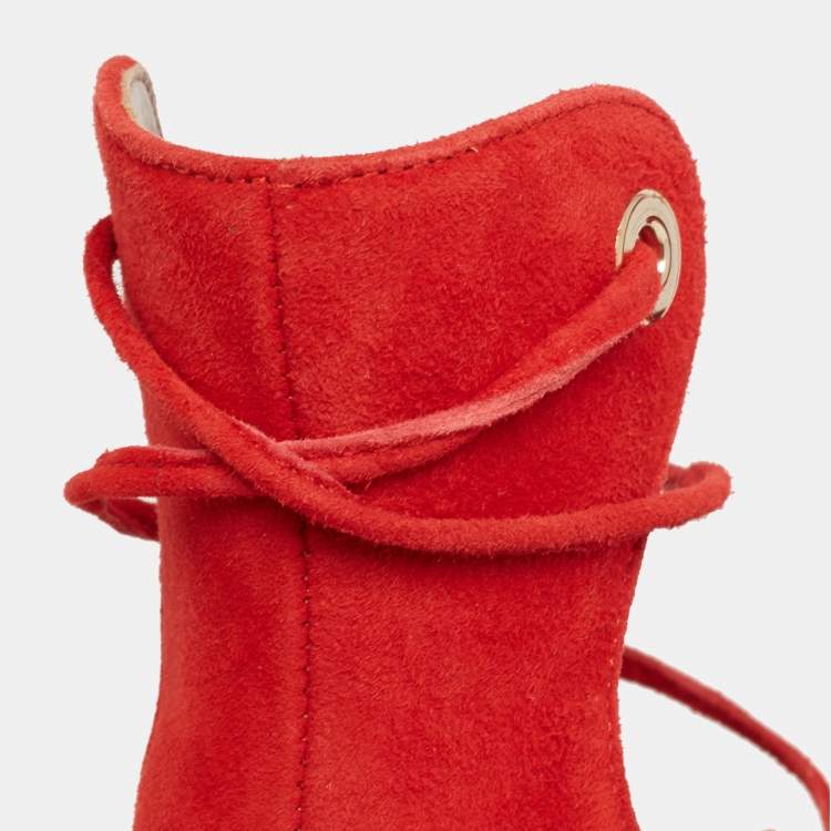 Pre Owned Aquazzura Red Suede Tango Curvy Lace-Up Sandals Size 37