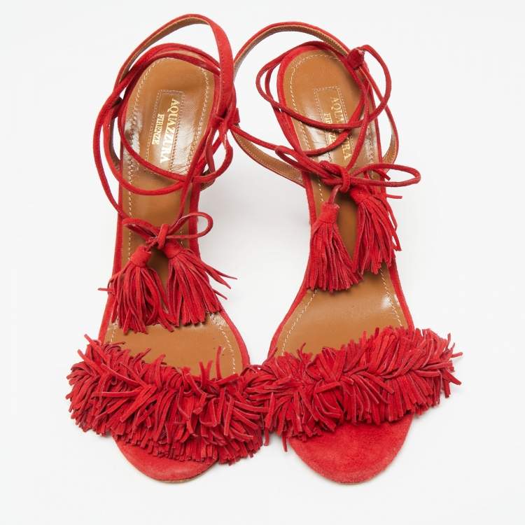 Pre Owned Aquazzura Red Fringed Suede Wild Thing Ankle Wrap Sandals Size 38