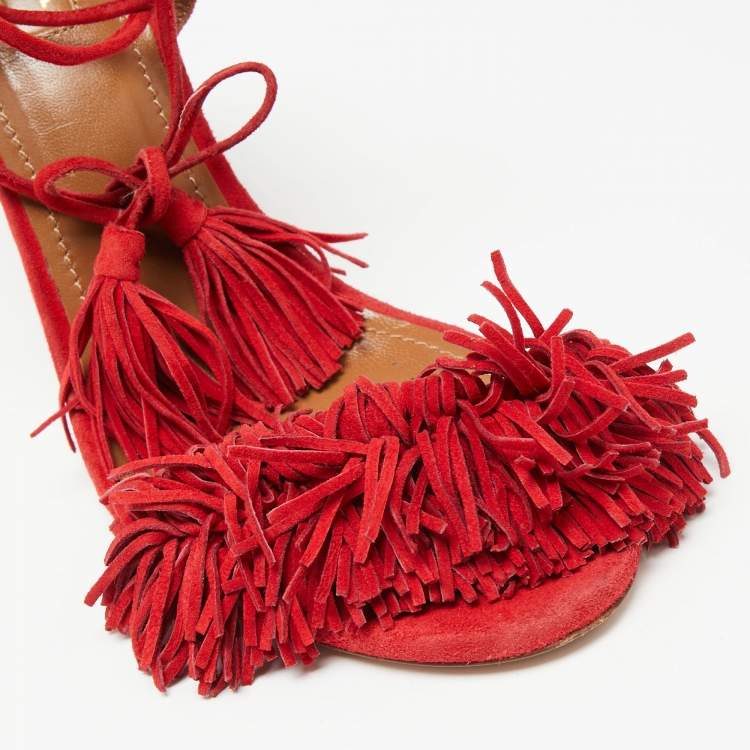 Pre Owned Aquazzura Red Fringed Suede Wild Thing Ankle Wrap Sandals Size 38
