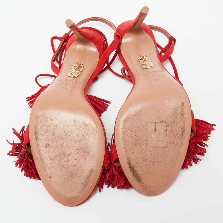 Pre Owned Aquazzura Red Fringed Suede Wild Thing Ankle Wrap Sandals Size 38