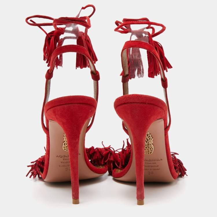 Pre Owned Aquazzura Red Fringed Suede Wild Thing Ankle Wrap Sandals Size 38