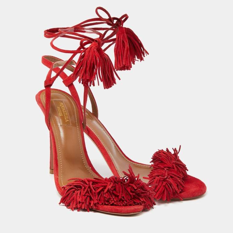 Pre Owned Aquazzura Red Fringed Suede Wild Thing Ankle Wrap Sandals Size 38