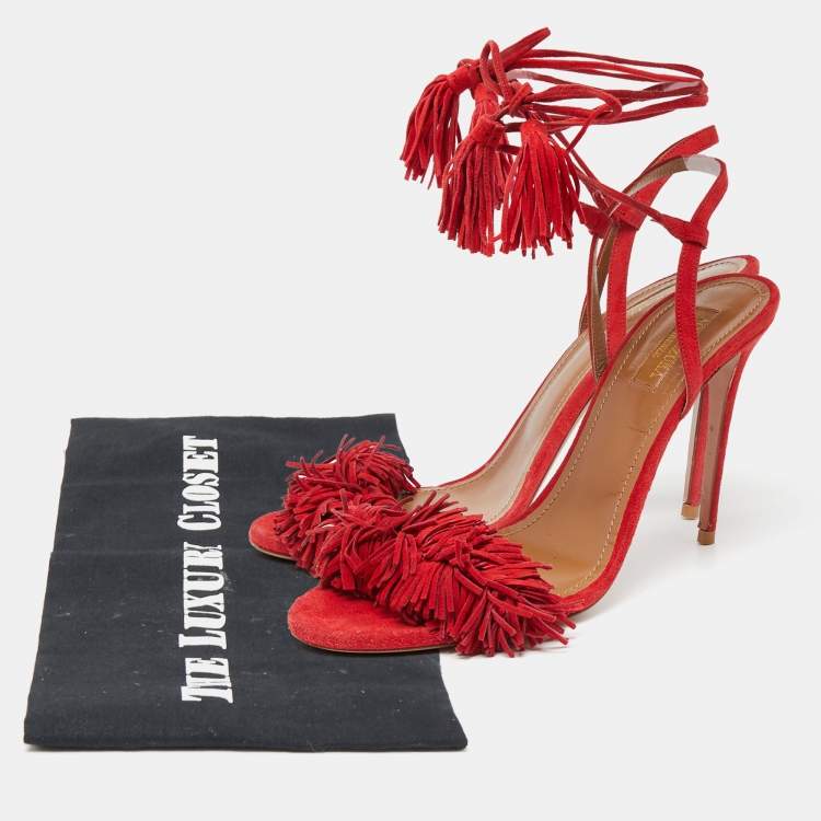 Pre Owned Aquazzura Red Fringed Suede Wild Thing Ankle Wrap Sandals Size 38