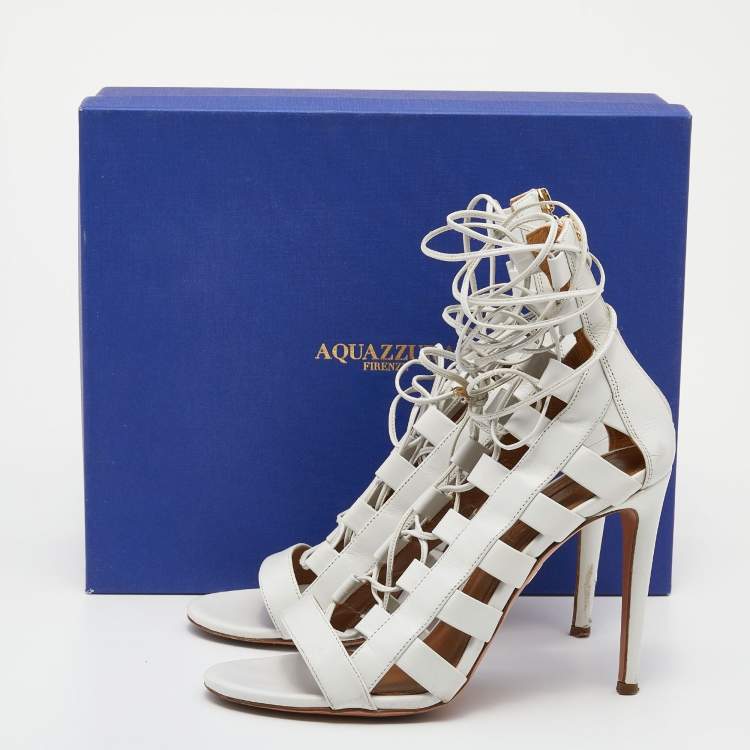 Pre Owned Aquazzura White Leather Amazon Lace-up Sandals Size 37.5