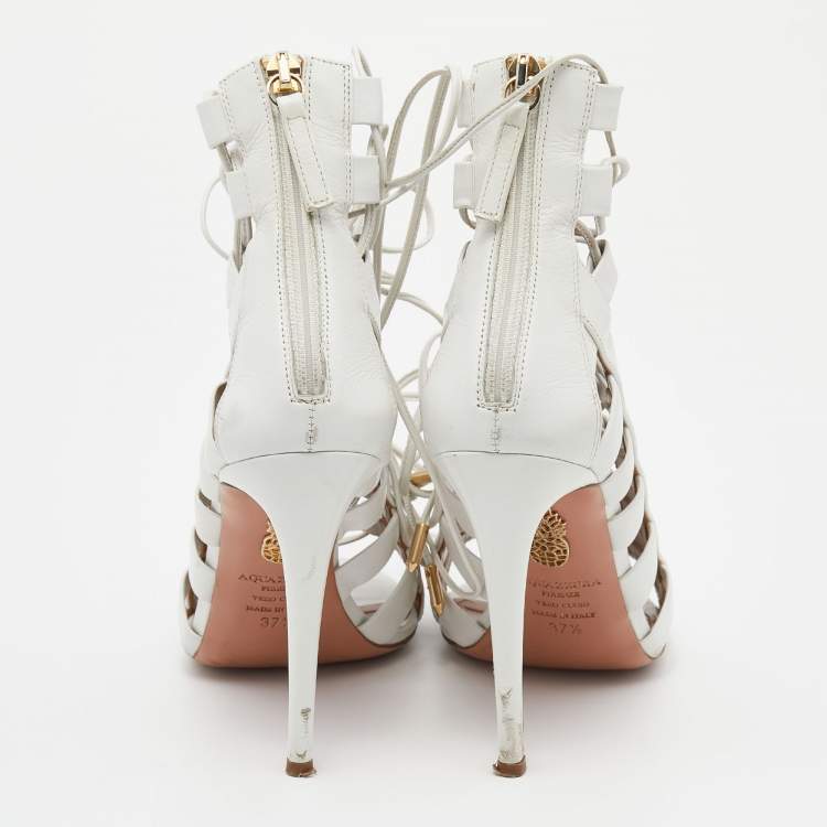 Pre Owned Aquazzura White Leather Amazon Lace-up Sandals Size 37.5