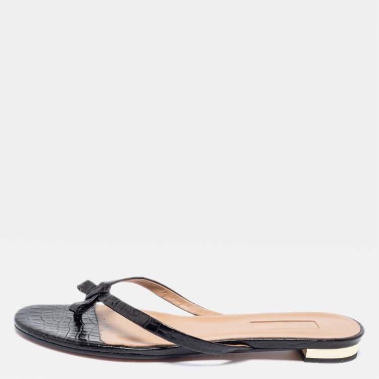 مملوكة مسبقًا Aquazzura Black Croc Embossed Leather Riva Flat Slides Size 37