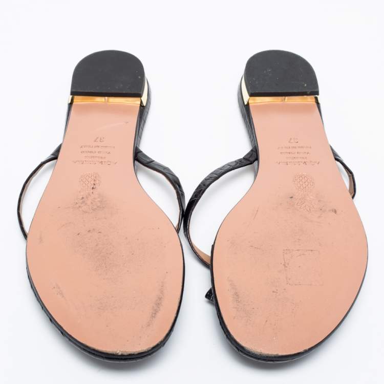 مملوكة مسبقًا Aquazzura Black Croc Embossed Leather Riva Flat Slides Size 37