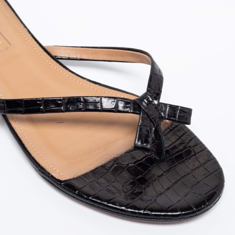 مملوكة مسبقًا Aquazzura Black Croc Embossed Leather Riva Flat Slides Size 37