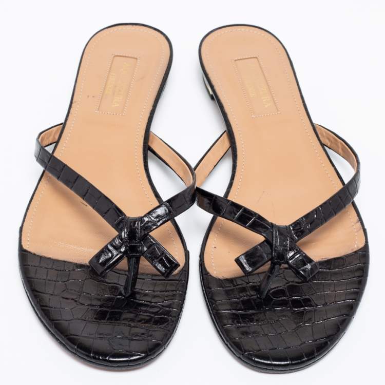 مملوكة مسبقًا Aquazzura Black Croc Embossed Leather Riva Flat Slides Size 37