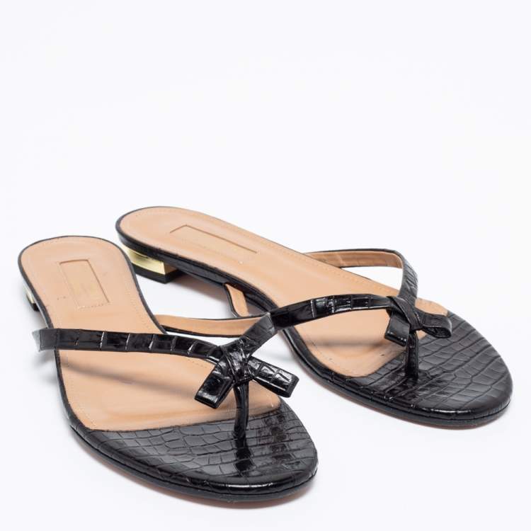 مملوكة مسبقًا Aquazzura Black Croc Embossed Leather Riva Flat Slides Size 37