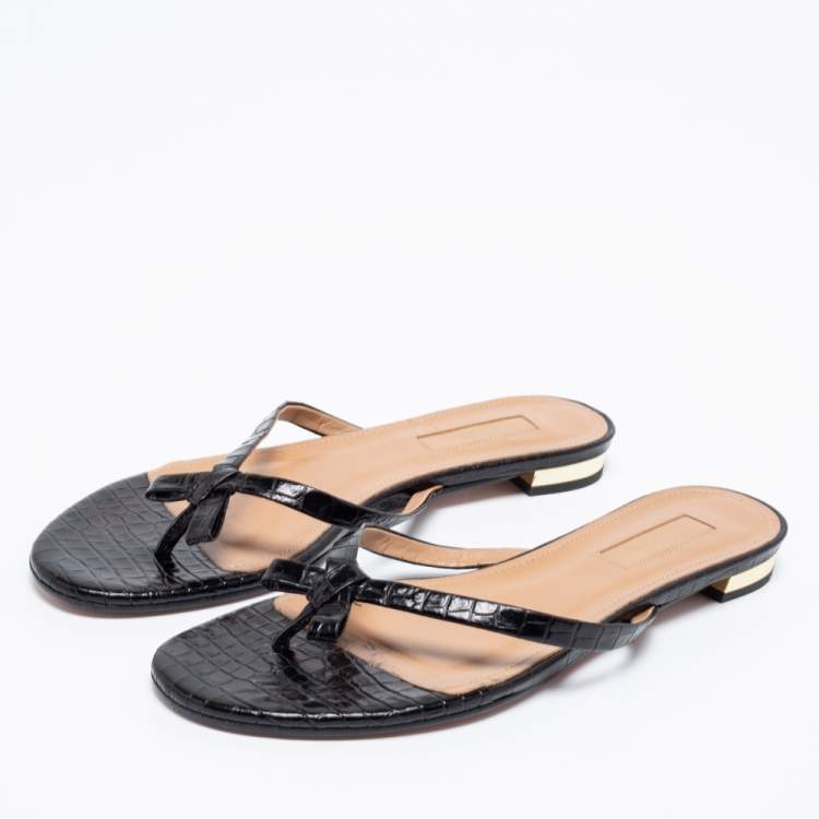 مملوكة مسبقًا Aquazzura Black Croc Embossed Leather Riva Flat Slides Size 37