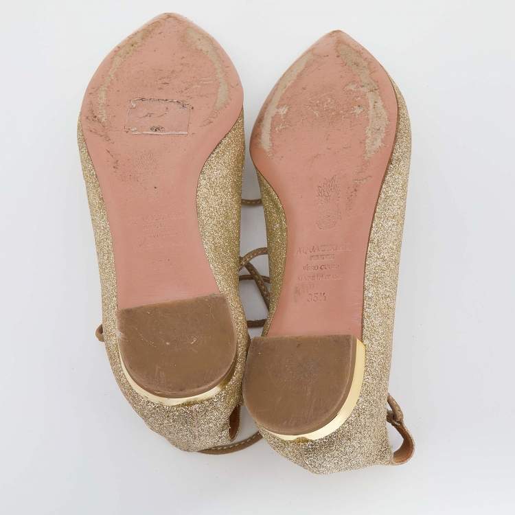 Pre Owned Aquazzura Metallic Gold Glitter Christy Lace Up Pointed Toe Ballet Flats Size 35.5