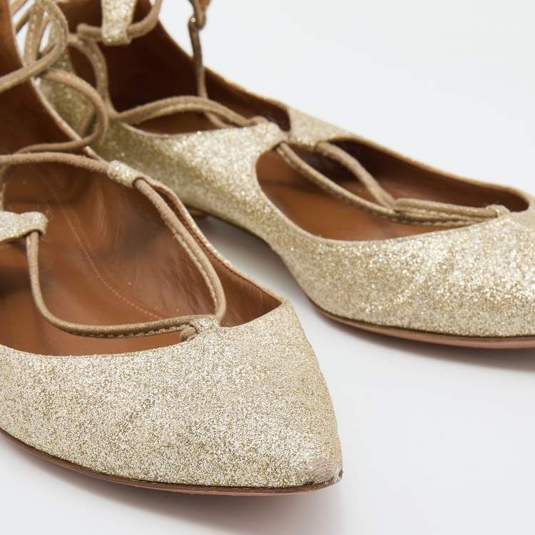 Pre Owned Aquazzura Metallic Gold Glitter Christy Lace Up Pointed Toe Ballet Flats Size 35.5
