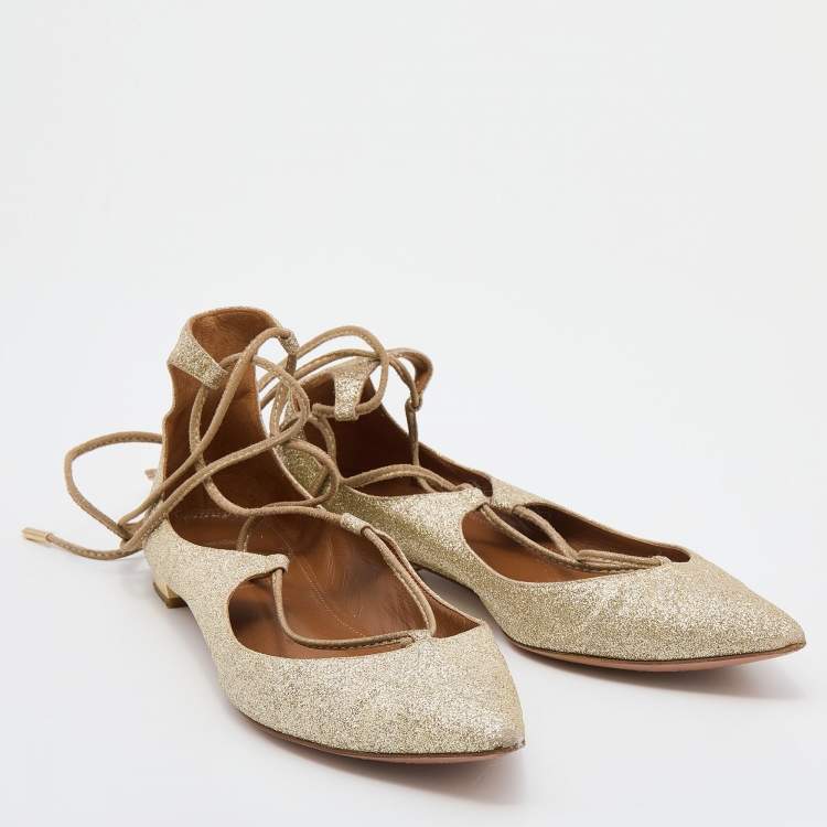 Pre Owned Aquazzura Metallic Gold Glitter Christy Lace Up Pointed Toe Ballet Flats Size 35.5