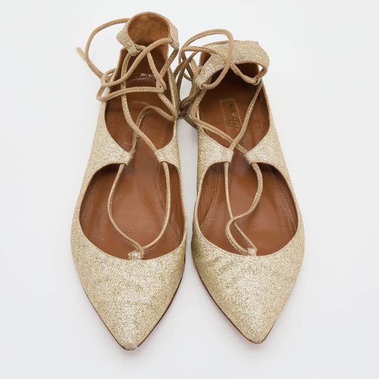 Pre Owned Aquazzura Metallic Gold Glitter Christy Lace Up Pointed Toe Ballet Flats Size 35.5