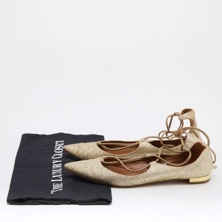 Pre Owned Aquazzura Metallic Gold Glitter Christy Lace Up Pointed Toe Ballet Flats Size 35.5