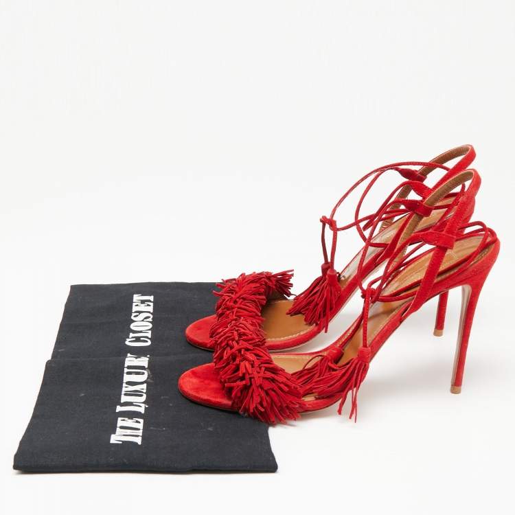 Pre Owned Aquazzura Red Suede Wild Thing Fringe Ankle Wrap Sandals Size 38