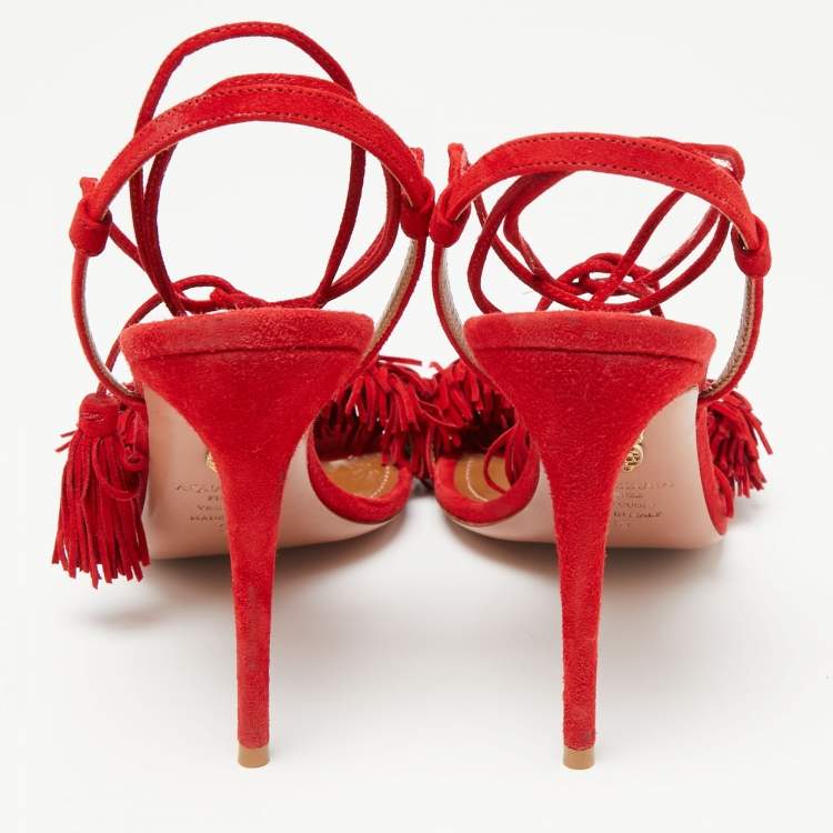Pre Owned Aquazzura Red Suede Wild Thing Fringe Ankle Wrap Sandals Size 38