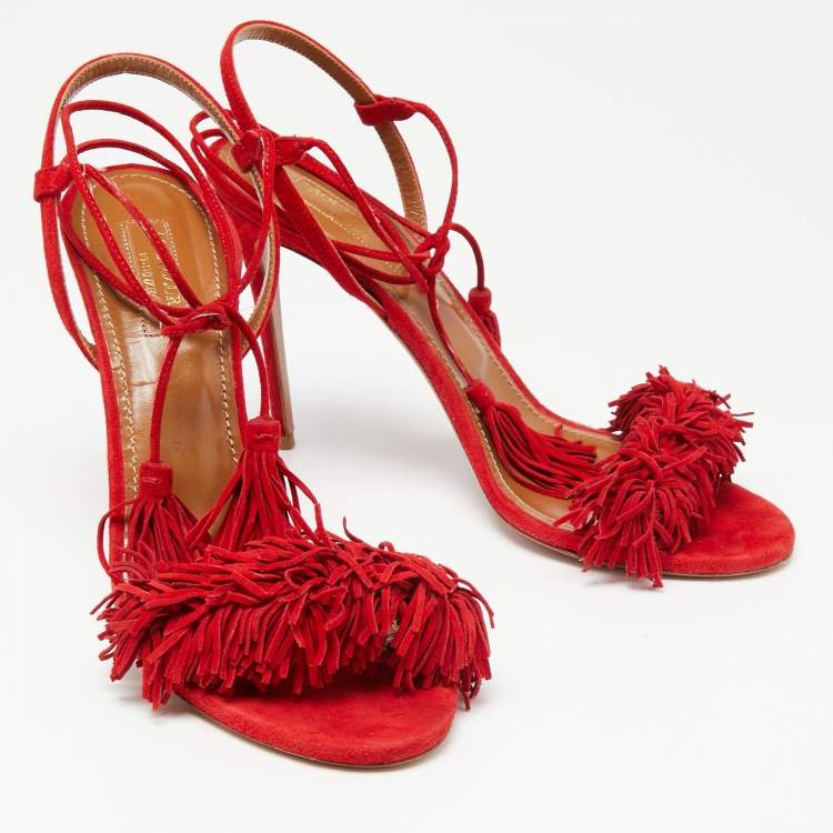 Pre Owned Aquazzura Red Suede Wild Thing Fringe Ankle Wrap Sandals Size 38
