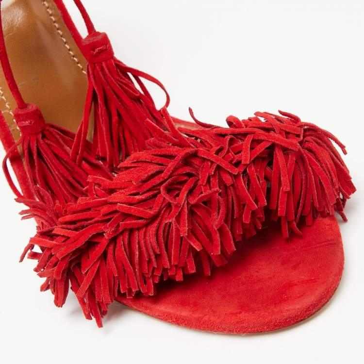 Pre Owned Aquazzura Red Suede Wild Thing Fringe Ankle Wrap Sandals Size 38