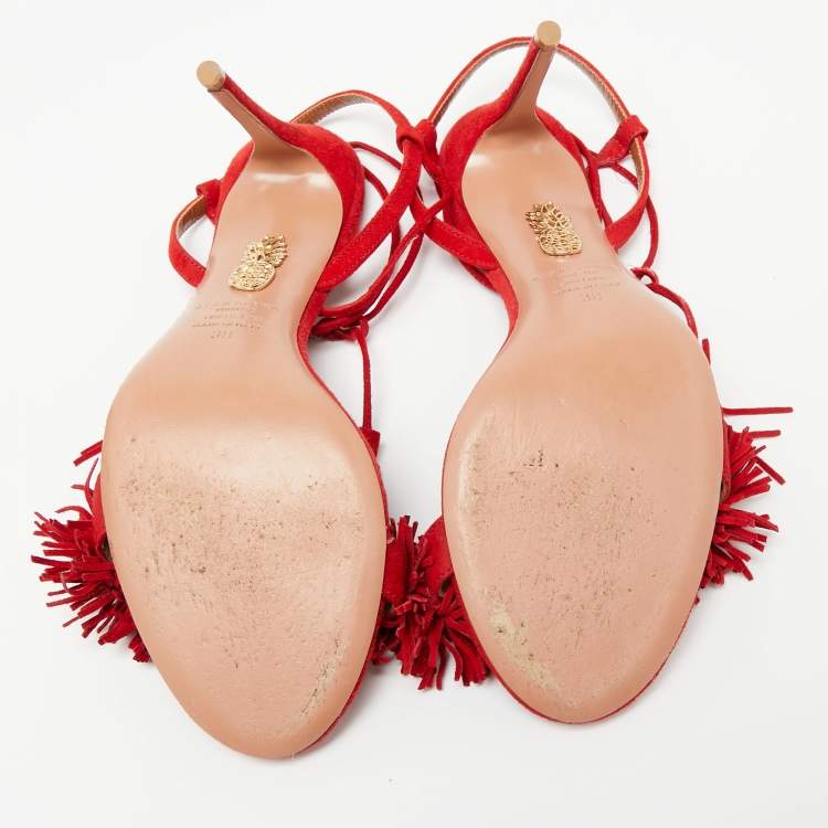 Pre Owned Aquazzura Red Suede Wild Thing Fringe Ankle Wrap Sandals Size 38