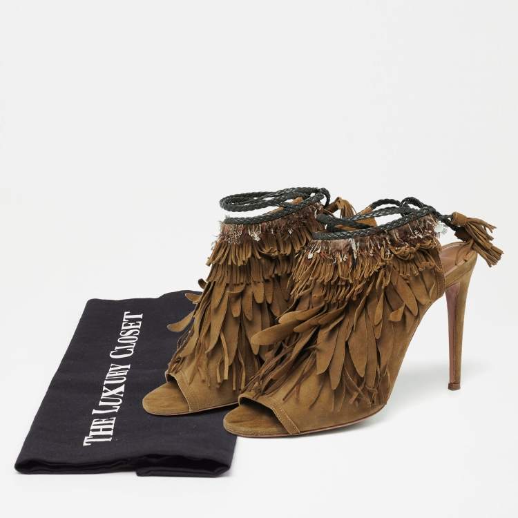 Pre Owned Aquazzura Olive Green  Suede Tassel Ankle Tie Sandals Size 39