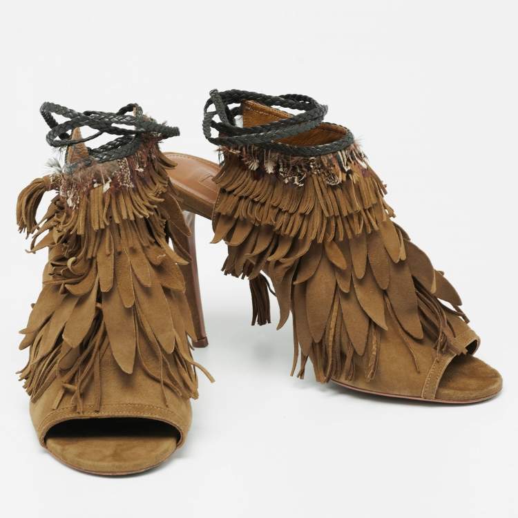 Pre Owned Aquazzura Olive Green  Suede Tassel Ankle Tie Sandals Size 39