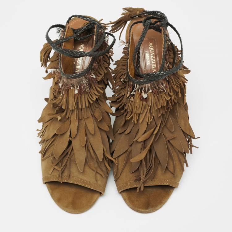 Pre Owned Aquazzura Olive Green  Suede Tassel Ankle Tie Sandals Size 39