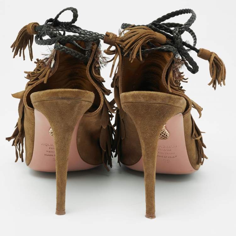 Pre Owned Aquazzura Olive Green  Suede Tassel Ankle Tie Sandals Size 39