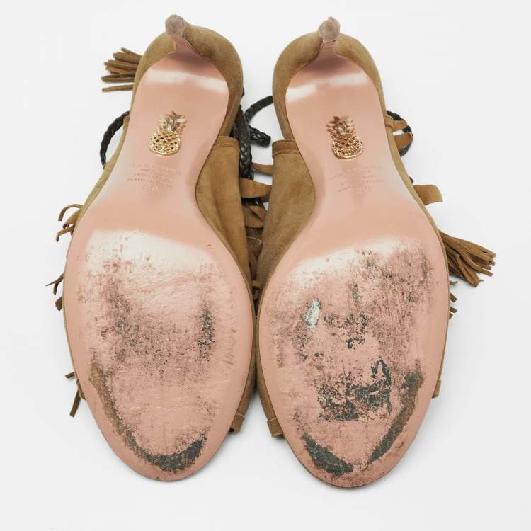 Pre Owned Aquazzura Olive Green  Suede Tassel Ankle Tie Sandals Size 39