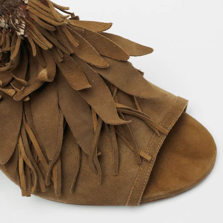 Pre Owned Aquazzura Olive Green  Suede Tassel Ankle Tie Sandals Size 39