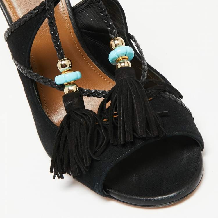Pre Owned Aquazzura  Black Suede And Leather Open Toe Ankle Wrap  Sandals Size 41