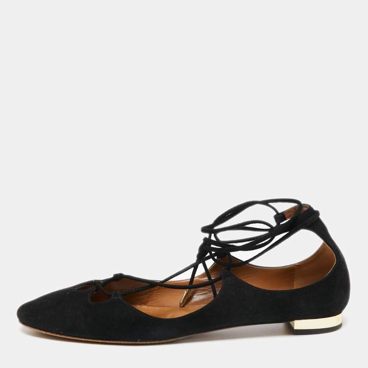 Pre Owned Aquazzura Black Suede Ankle Wrap Ballet Flats Size 38.5