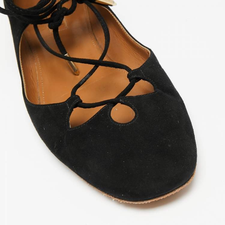 Pre Owned Aquazzura Black Suede Ankle Wrap Ballet Flats Size 38.5