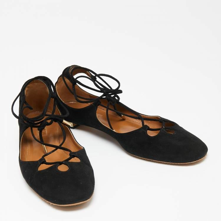 Pre Owned Aquazzura Black Suede Ankle Wrap Ballet Flats Size 38.5