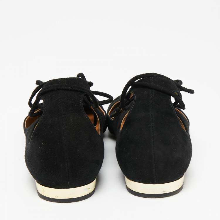 Pre Owned Aquazzura Black Suede Ankle Wrap Ballet Flats Size 38.5