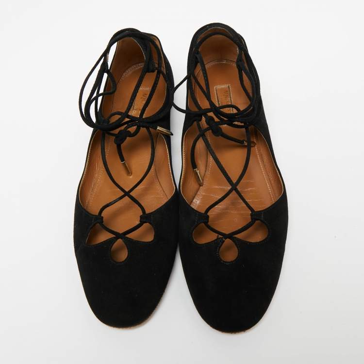 Pre Owned Aquazzura Black Suede Ankle Wrap Ballet Flats Size 38.5
