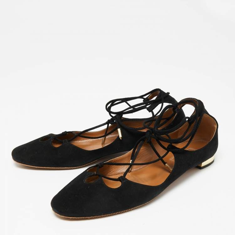 Pre Owned Aquazzura Black Suede Ankle Wrap Ballet Flats Size 38.5