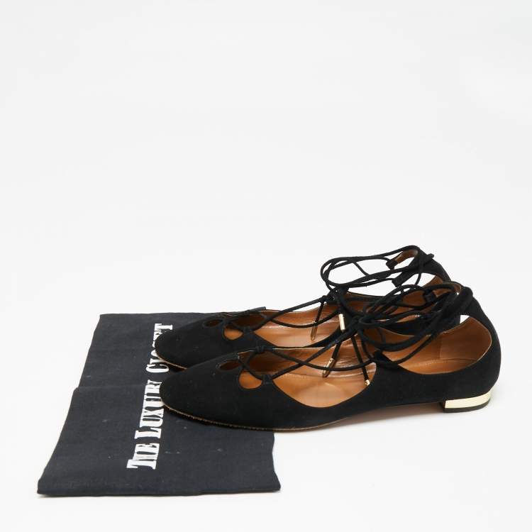 Pre Owned Aquazzura Black Suede Ankle Wrap Ballet Flats Size 38.5