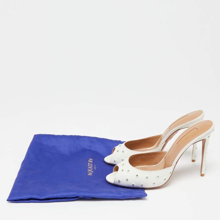 Pre Owned Aquazzura White Studded Leather Wish Slide Sandals Size 37.5